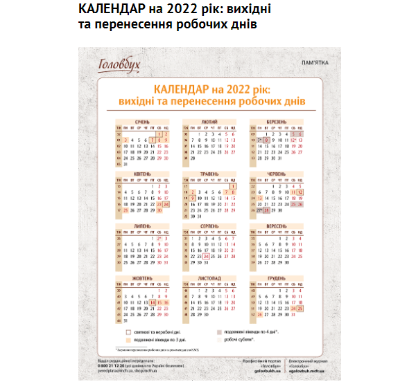 КАЛЕНДАР на 2022 рік КАЛЕНДАР вихідних та перенесення робочих днів 2022