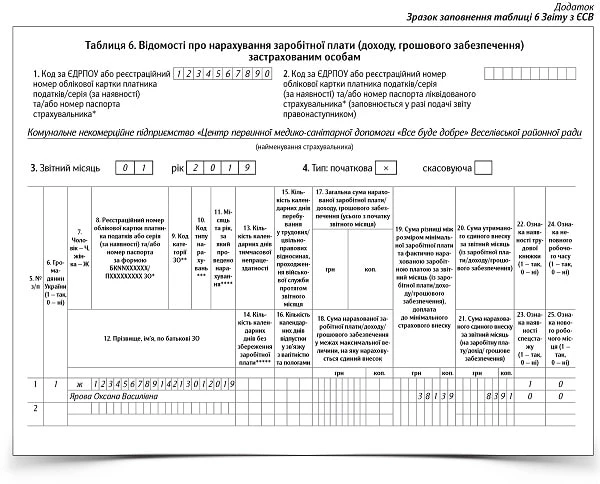 Зразок заповнення таблиці 6 Звіту з ЄСВ