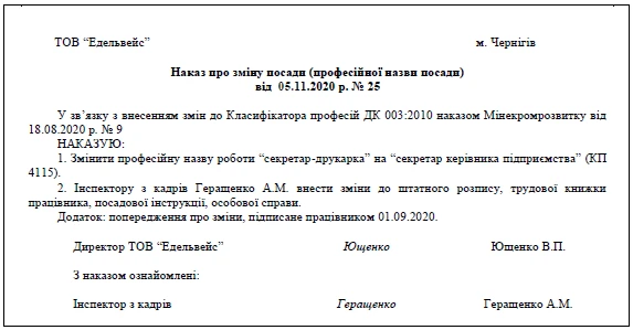 Наказ про зміну назви посади відповідно до класифікатора – істотні умови Наказ про зміну назви посади відповідно до класифікатора – істотні умови