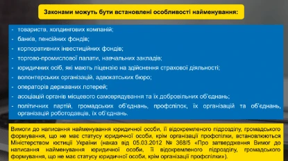 Які існують вимоги до назви юрособи або її відокремленого підрозділу