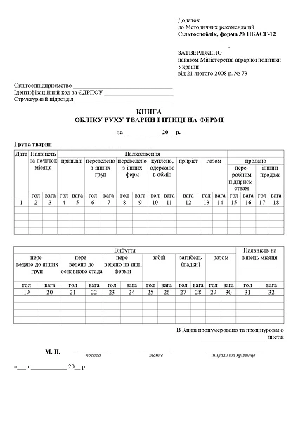 Книга обліку руху тварин і птиці на фермі (Сільгоспоблік, форма № ПБАСГ-12) Книга обліку руху тварин і птиці на фермі (Сільгоспоблік, форма № ПБАСГ-12)