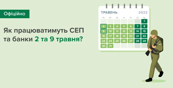 Як працюватимуть СЕП та банки 2 та 9 травня Як працюватимуть СЕП та банки 2 та 9 травня
