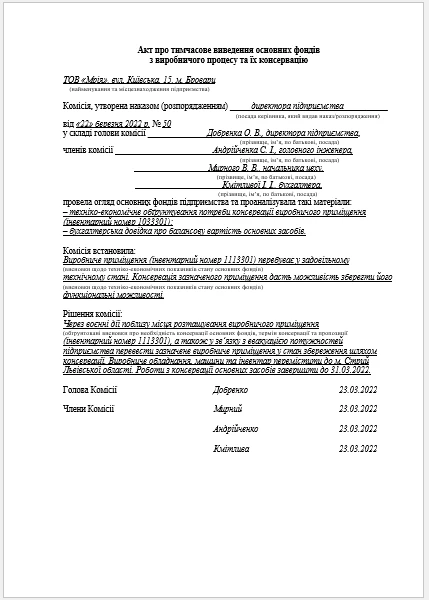 Акт про тимчасове виведення основних фондів з виробничого процесу та їх консервацію Акт про тимчасове виведення основних фондів з виробничого процесу та їх консервацію