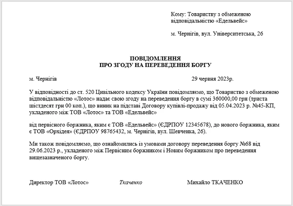 Договір про переведення боргу зразок Договір про переведення боргу зразок
