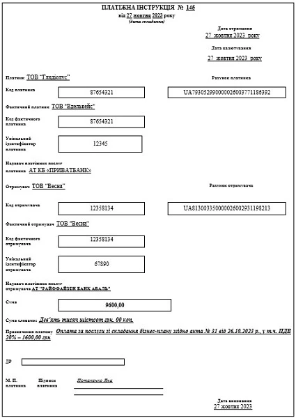 Зразок заповнення платіжної інструкції