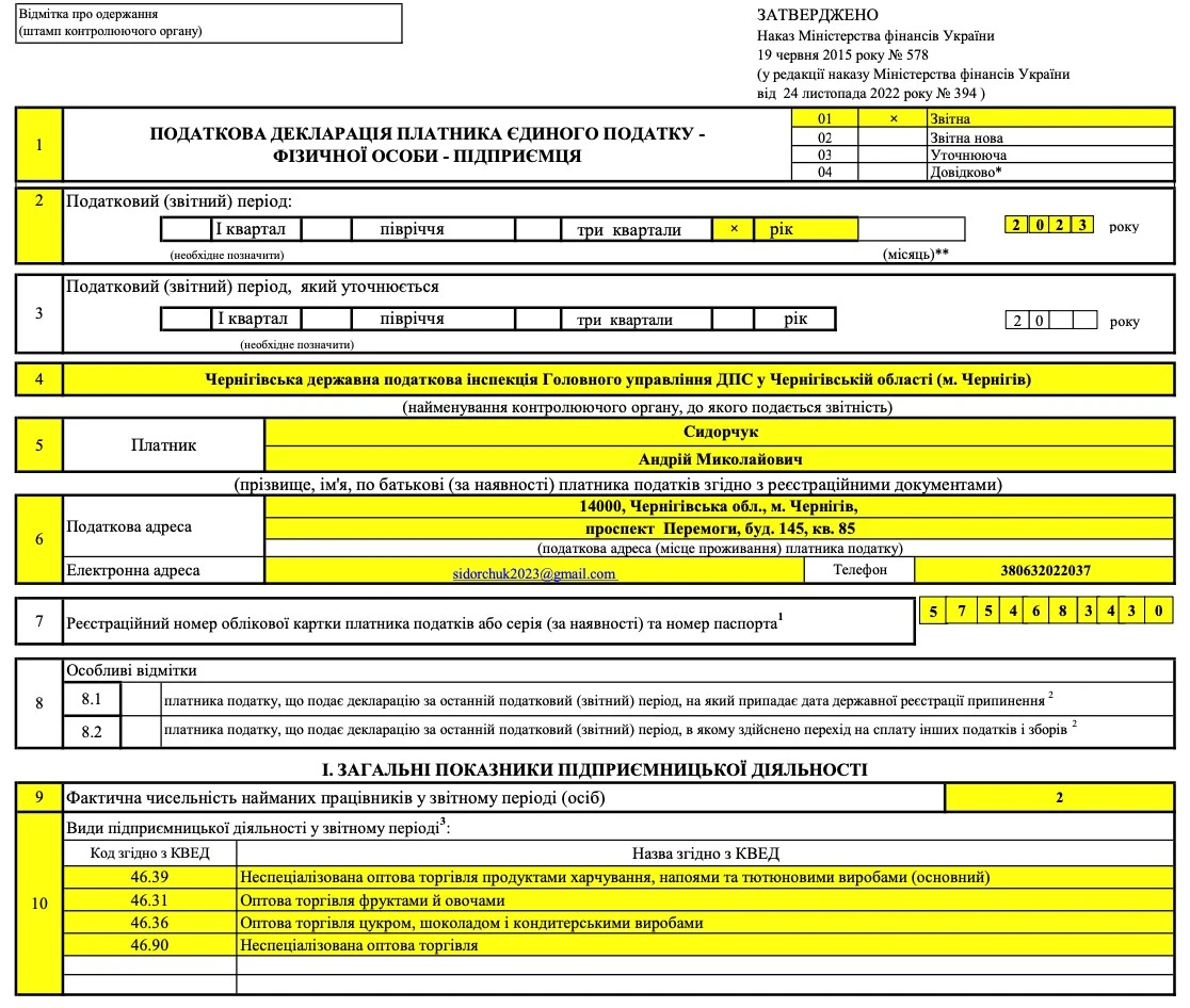 Декларація платника єдиного податку 2 групи ЗРАЗОК