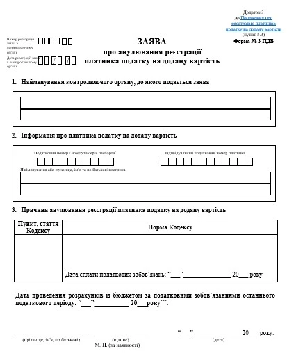 Бланк заяви про анулювання реєстрації платника ПДВ заява про анулювання реєстрації платника пдв