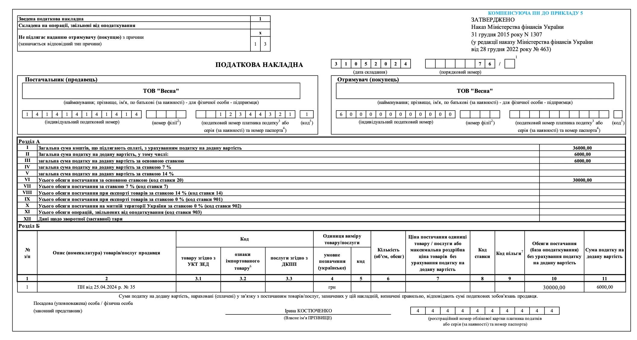 Приклад складеної зведеної компенсуючої податкової накладної