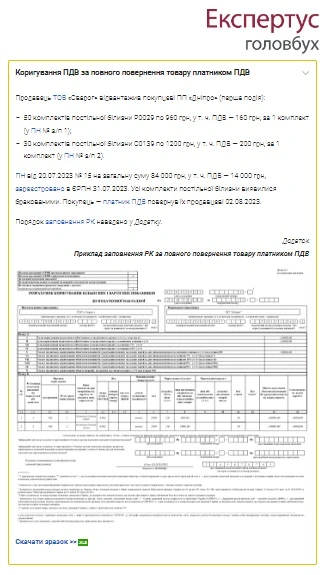 Повернення товару або авансу: як заповнити розрахунок коригування до ПН