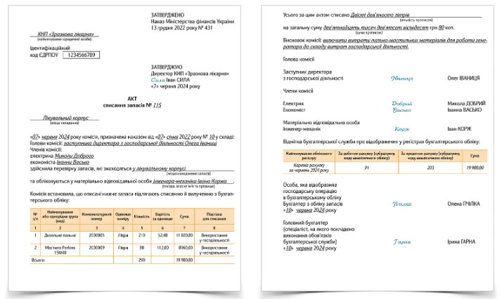 Акт списання ПММ для генератора
