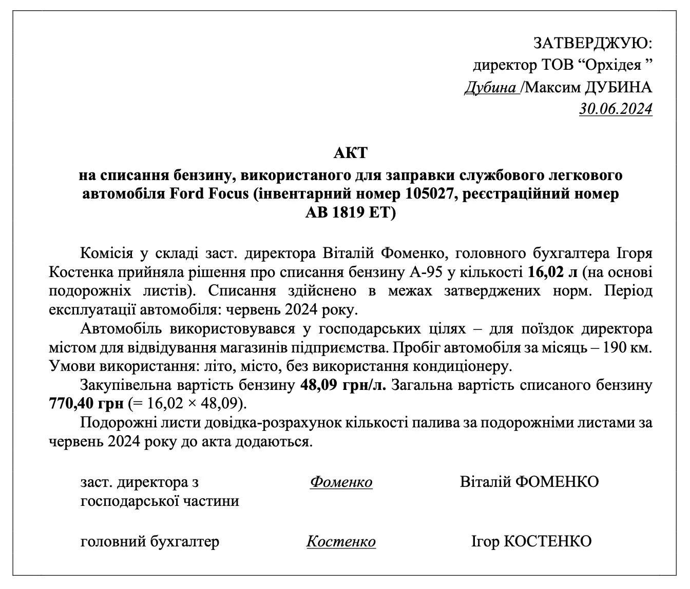 Акт на списання палива ЗРАЗОК Акт на списання палива приклад
