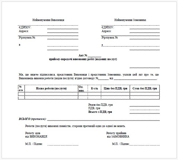БЛАНК Акта выполненных работ Акт выполненных работ шаблон