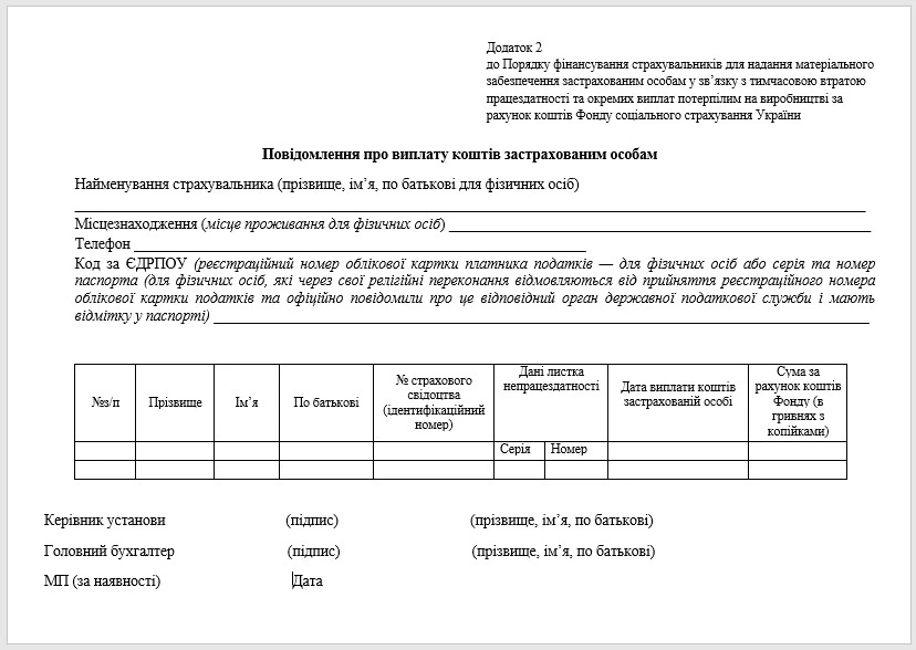 зразок повідомлення про виплату коштів застрахованим особам