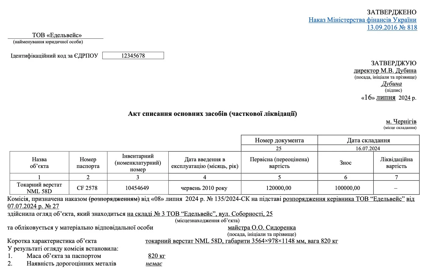 Акт на списання основних засобів Списання основних засобів: АКТ