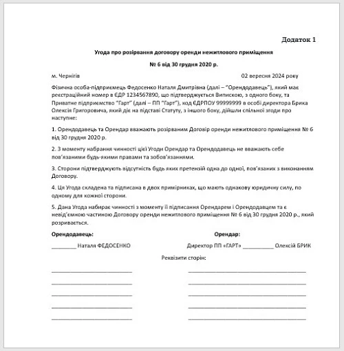 Додаткова угода про розірвання договору оренди Розірвання договору оренди зразок
