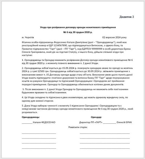 Додаткова угода про розірвання договору оренди з умовами Розірвання договору оренди зразок