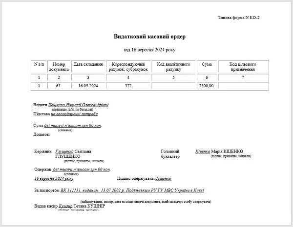 Видатковий касовий ордер на видачу готівки під звіт
