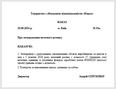 НАКАЗ Штатний розпис 2024