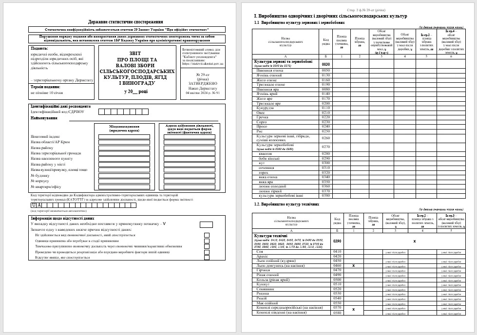 Звіт про площі та валові збори сільськогосподарських культур, плодів, ягід і винограду (форма 29-сг (річна))
