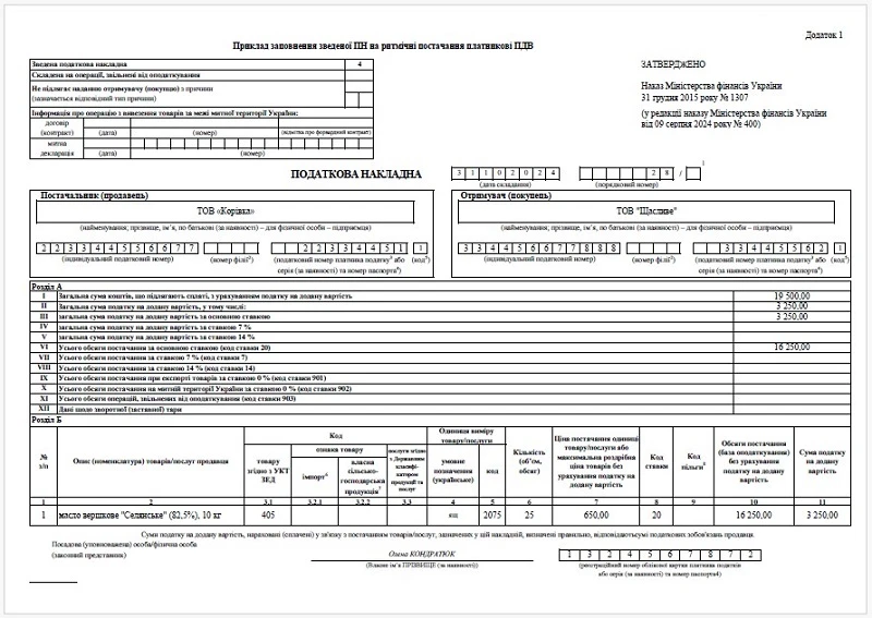 Зразок заповнення зведеної ПН на ритмічні постачання платникові ПДВ