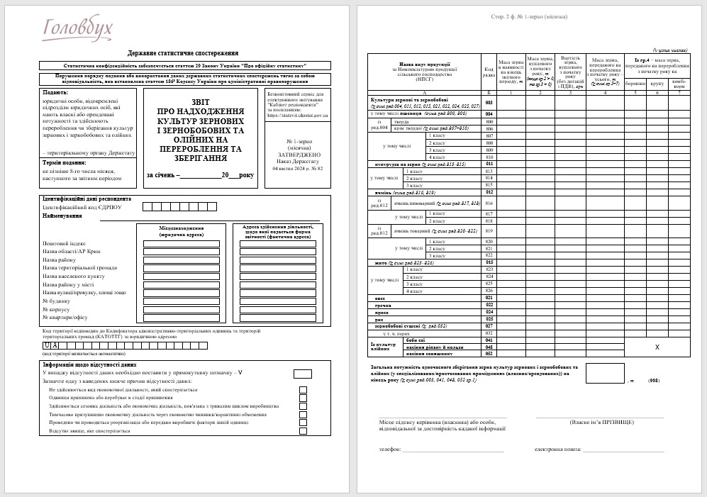 Форма № 1-зерно (місячна): коли подавати та як заповнювати