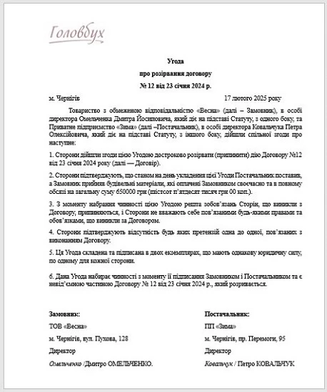 ЗРАЗОК Угоди про розірвання договору ЗРАЗОК Додаткової угоди про розірвання договору
