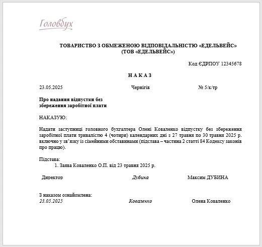 Приклад наказу про надання відпустки без збереження зарплати наказ на відпустку за власний рахунок зразок