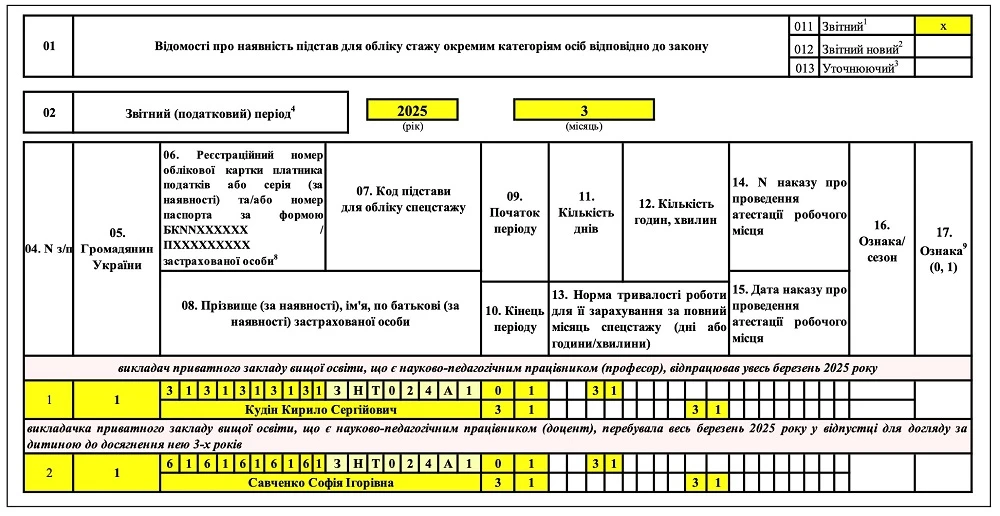 Приклад заповнення Додатка Д6 Податкового розрахунку