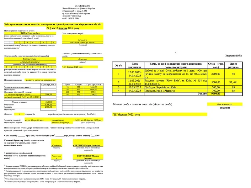 зразок авансового звіту